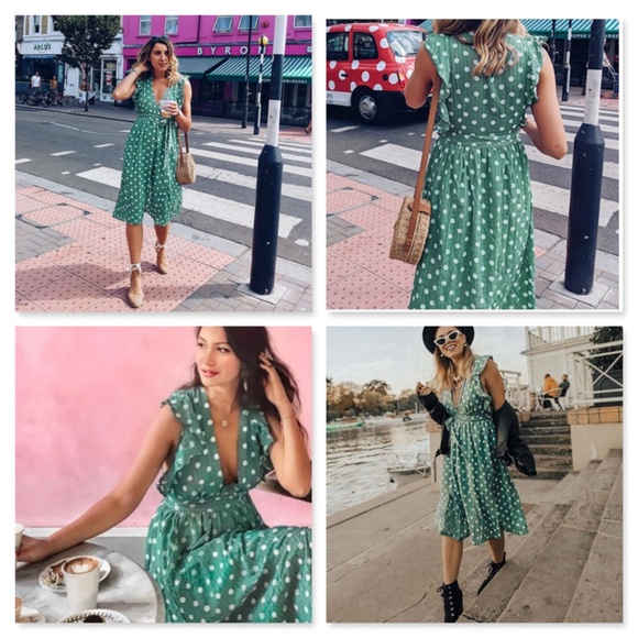 V-Neck Polka Dot Green Midi Belted Dress - Picture 2 of 9